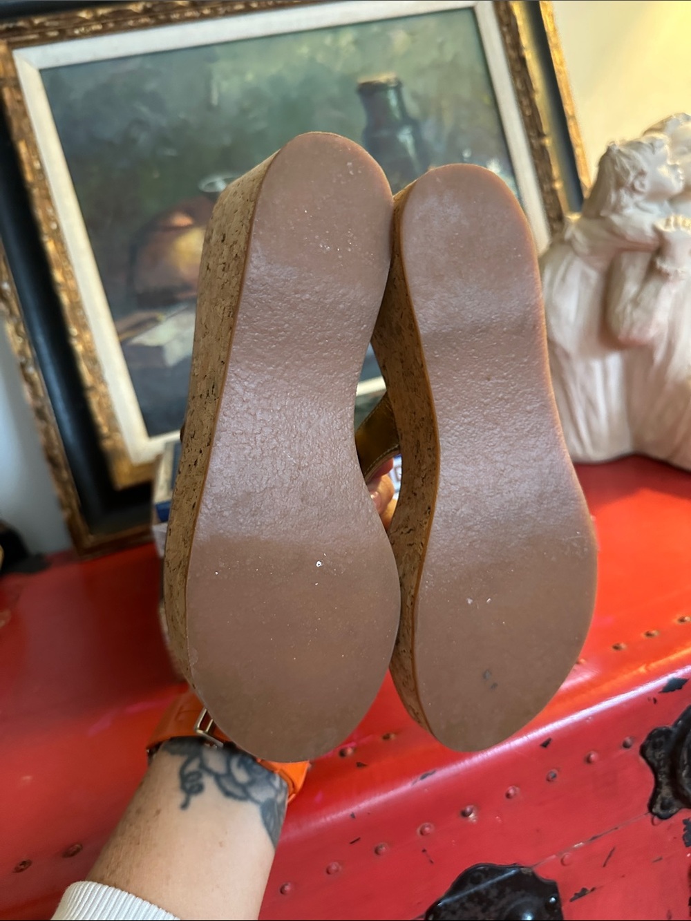 K.Jacques Metallic Gold Cork Platform Wedge Thong Sandals - Picture 4 of 6